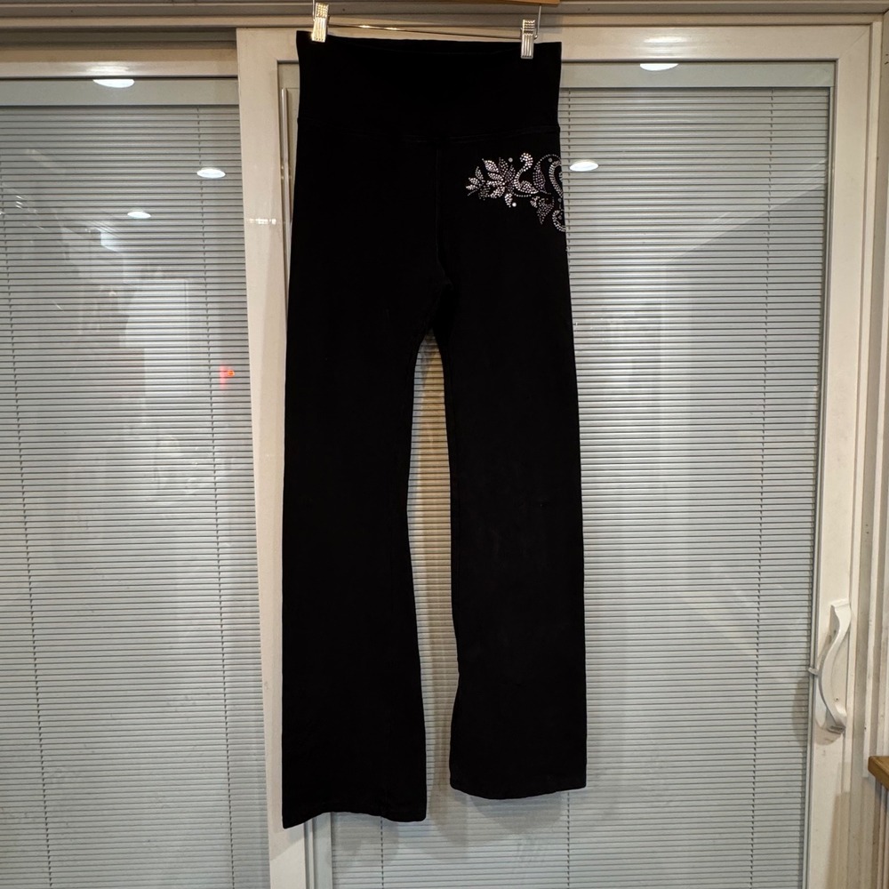 Wear Me Out Black Rhinestone Yoga Pants Flared High Waist Leggings Y2K Heart L
